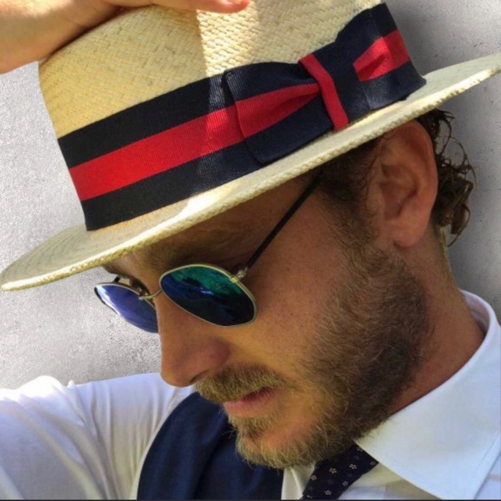 NEW Bruno Capelo Boater Skimmer Stripe Detail Classic Straw Brimmed Hat Sz Small